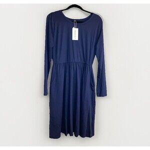 Auselily Women’s L Navy Blue Long Sleeve Casual Midi Dress with Pockets Everyday